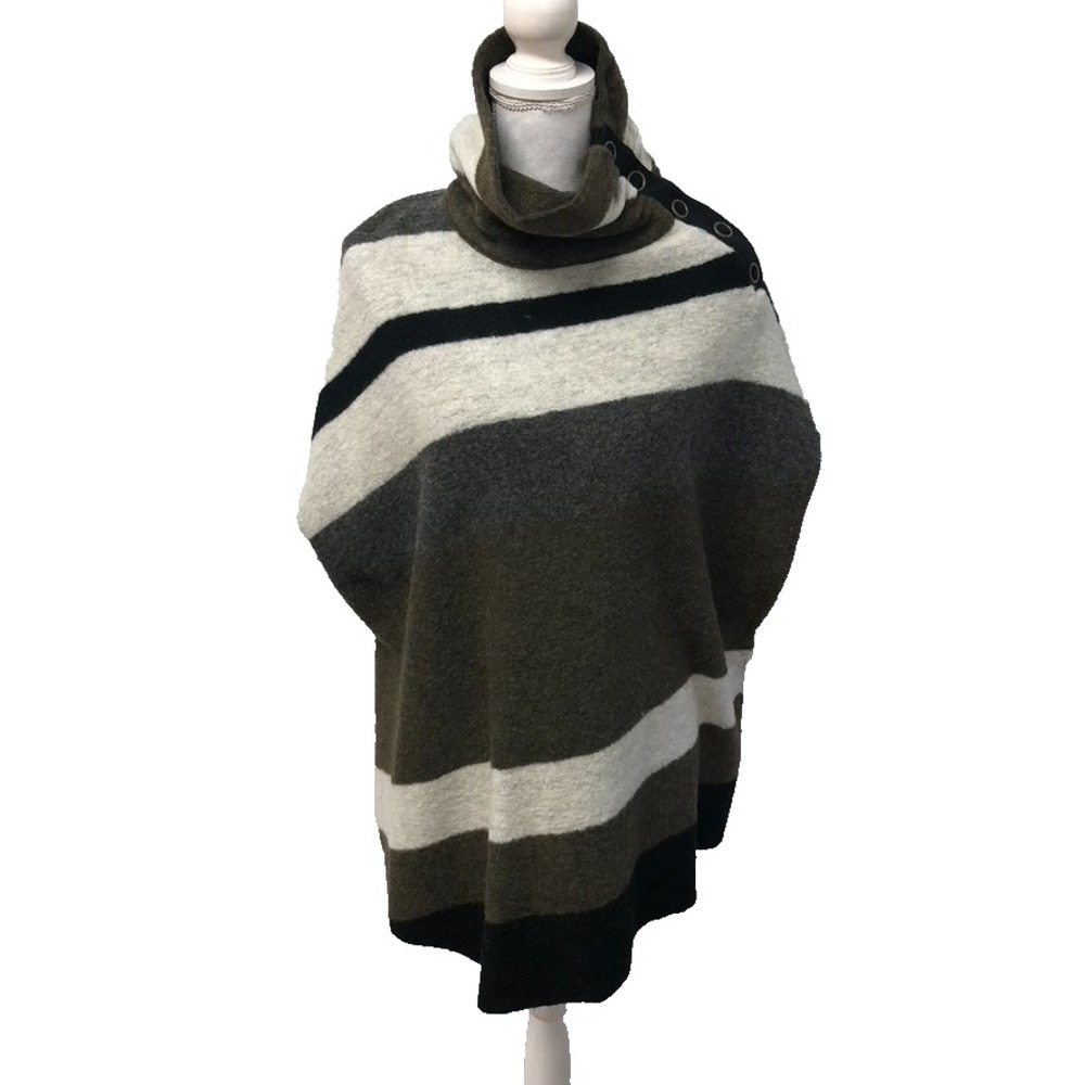 Tabitha Wool Poncho Sweater Jumper Womens Small Green Gray Stripe High Neck